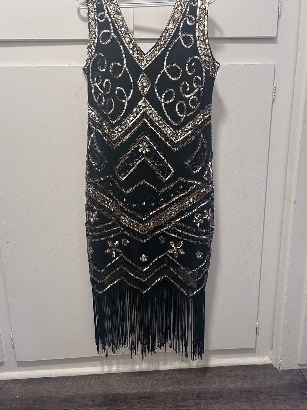 Black Beaded Fringe V-Neck Evening Dress - Picture 2 of 11